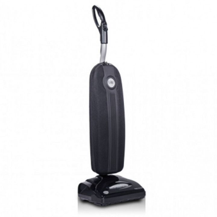 Black upright vacuum cleaner standing on a white background