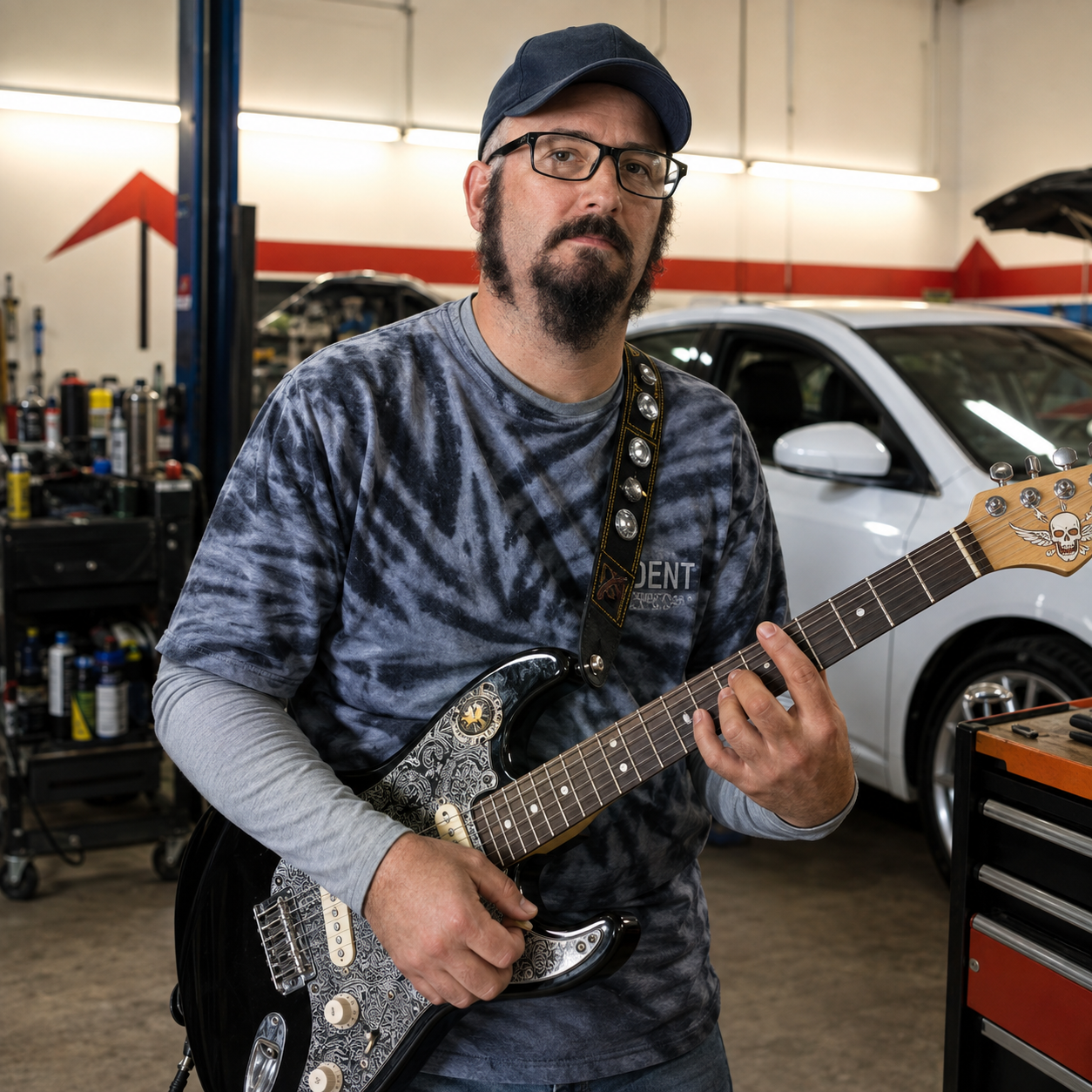 Man playing electric guitar in an auto shop, wearing a cap and glasses, with a car in the background.