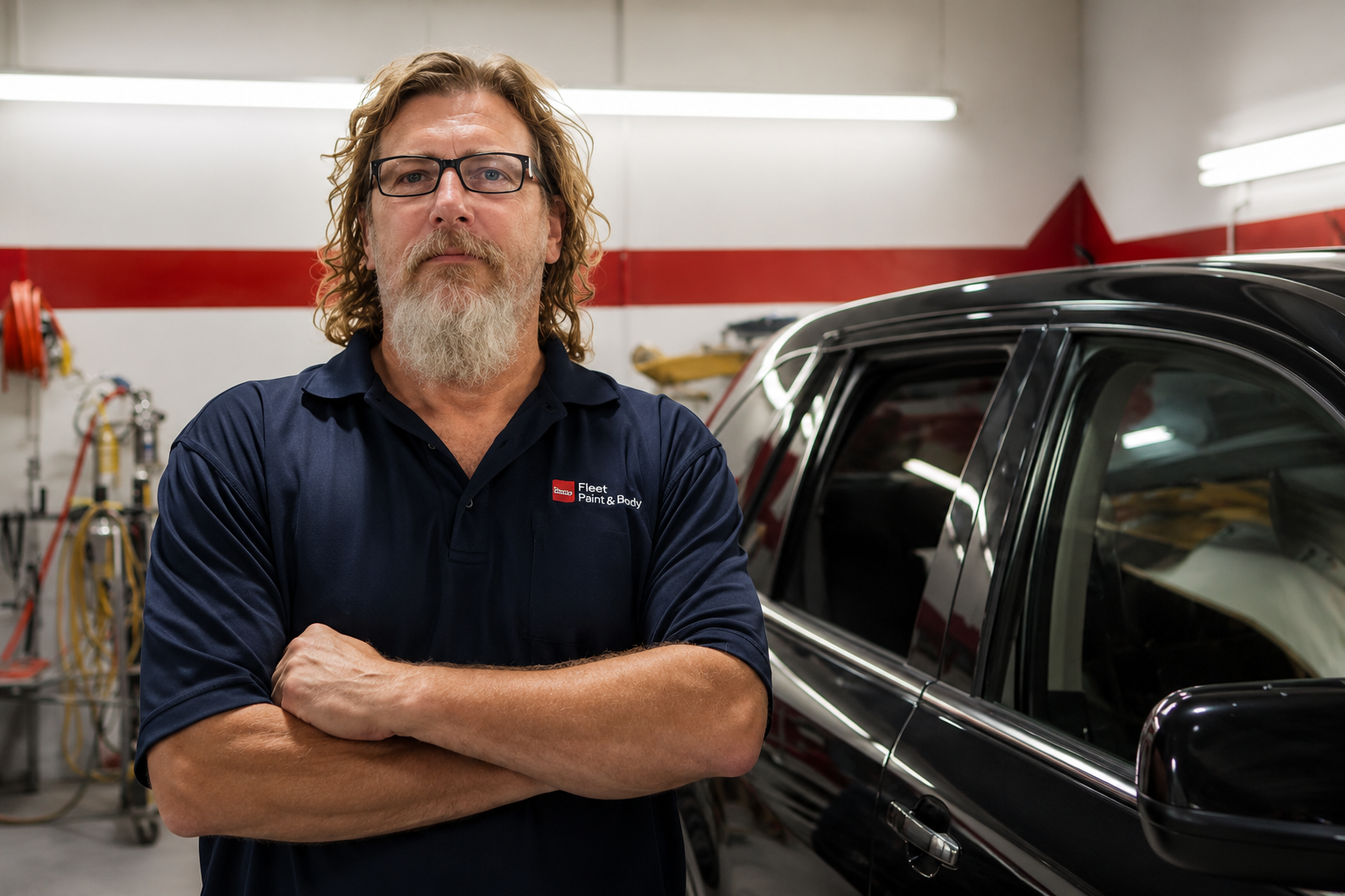 Mechanic standing with arms crossed beside a black car in a garage, wearing a navy polo shirt.