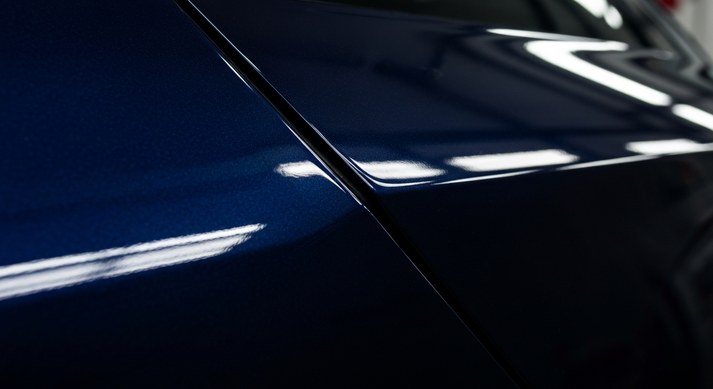 Close-up of a glossy dark blue car door with reflections of light lines