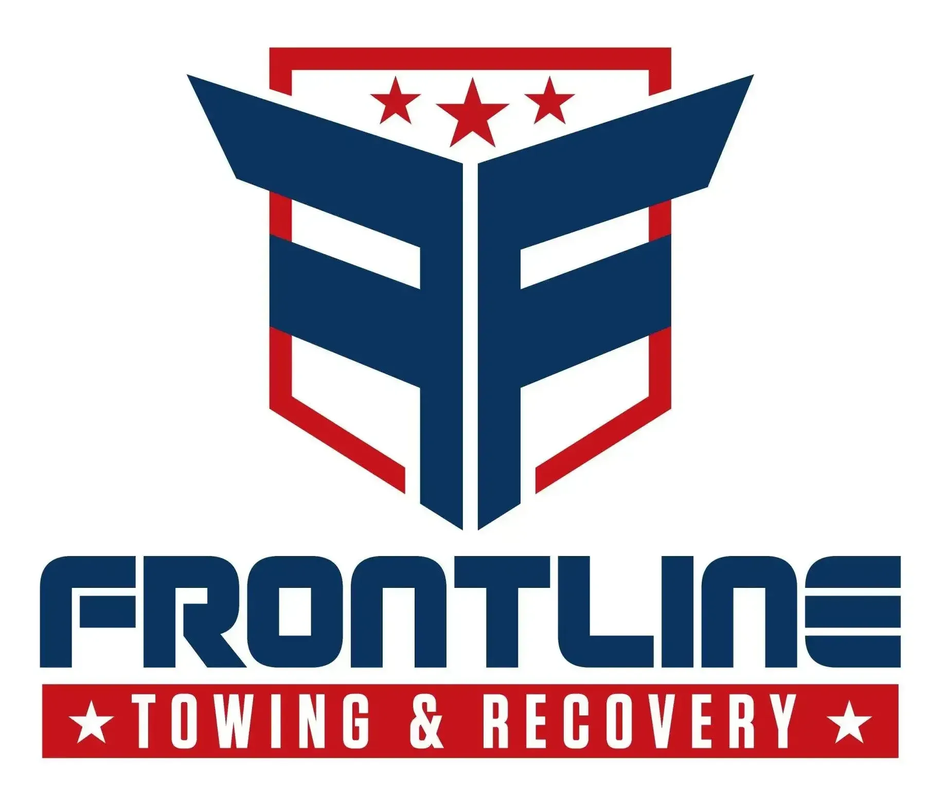 A logo for Frontline Towing & Recovery LLC with a shield and stars.
