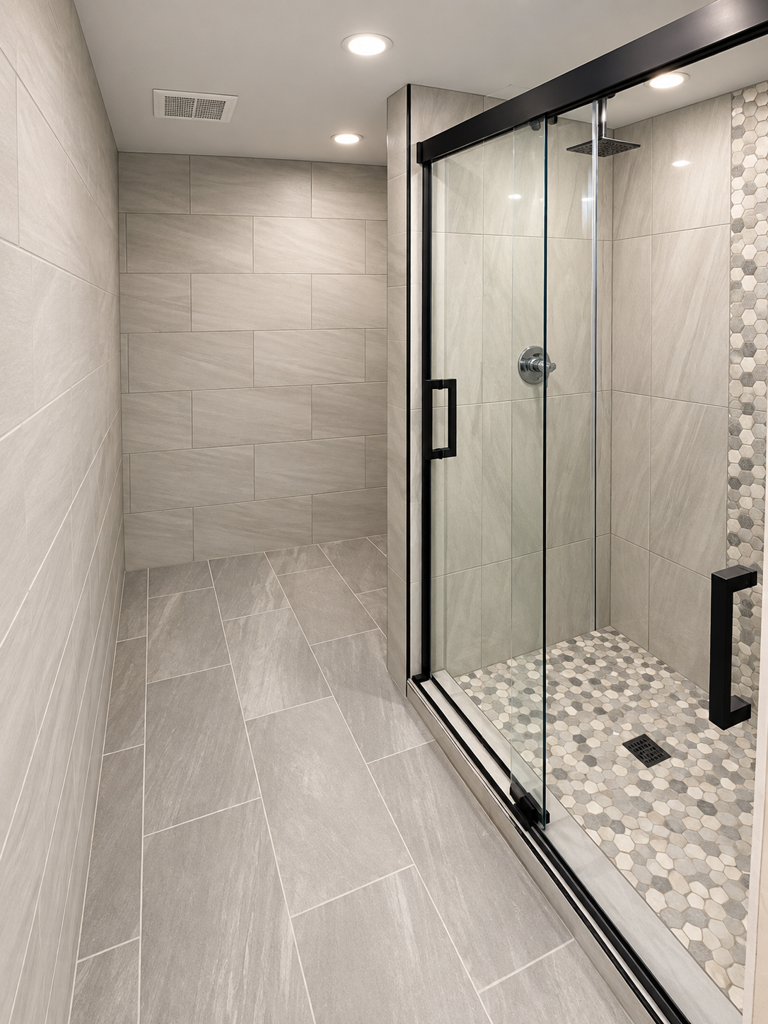 Modern tiled bathroom corridor beside a glass shower with black frame and pebble floor.