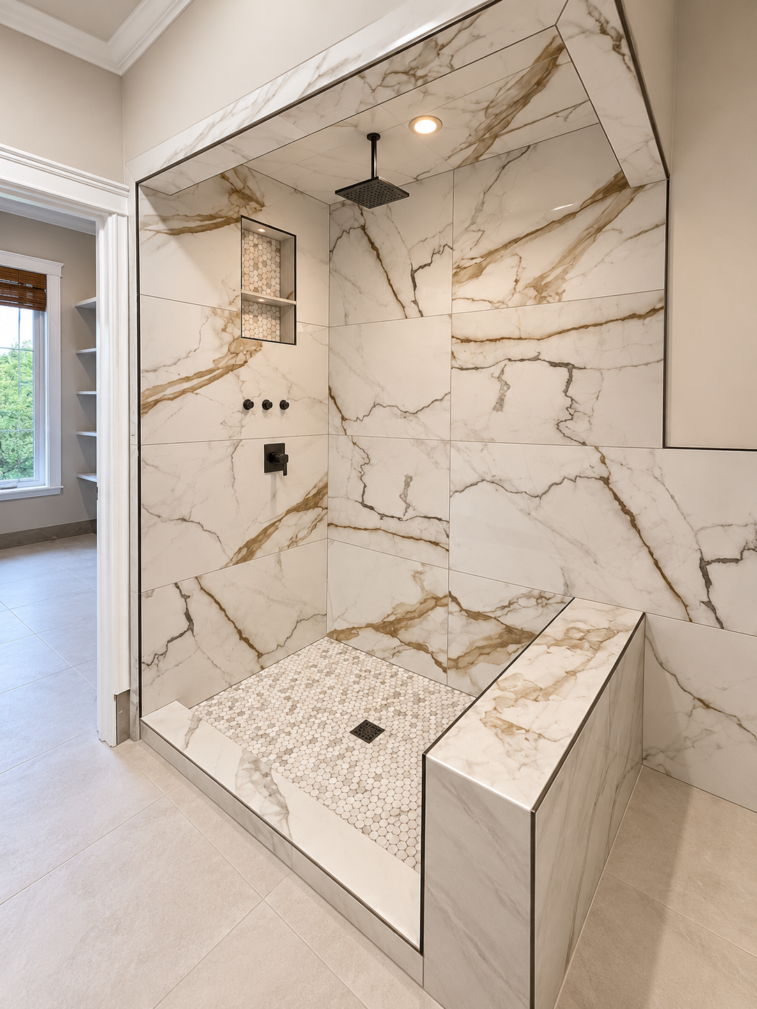 Luxury marble-tiled walk-in shower with bench, glass enclosure, and recessed ceiling light