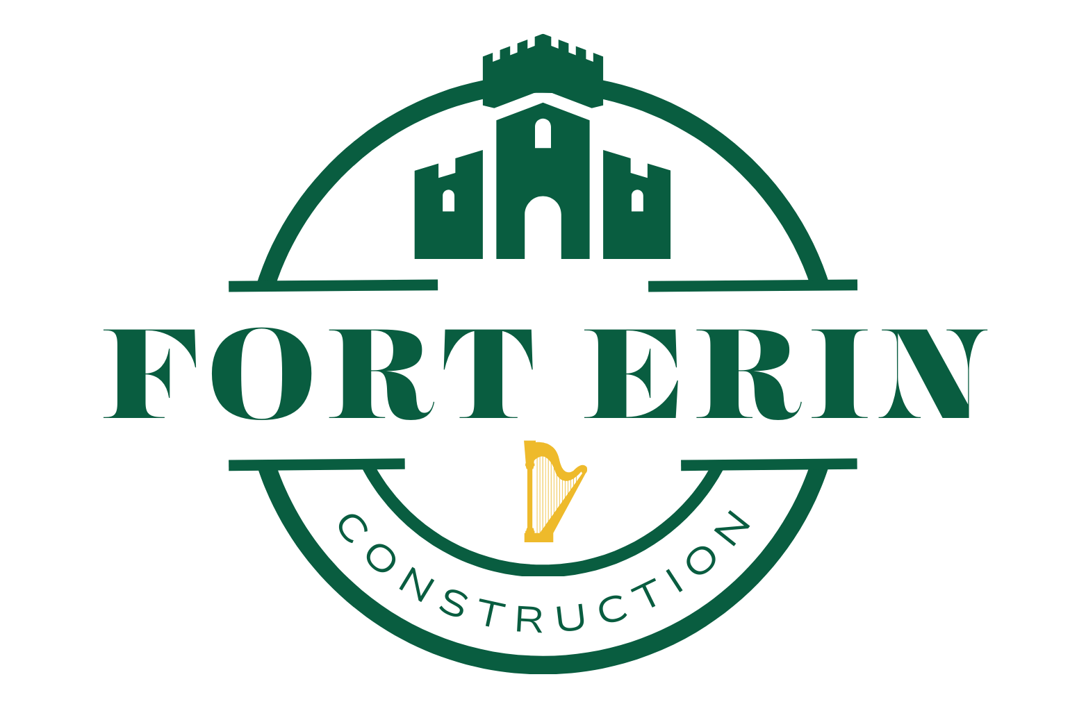 Green logo for Fort Erin Construction: a castle, a harp, and text.