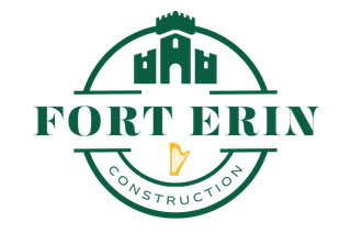 Green logo for Fort Erin Construction: a castle, a harp, and text.