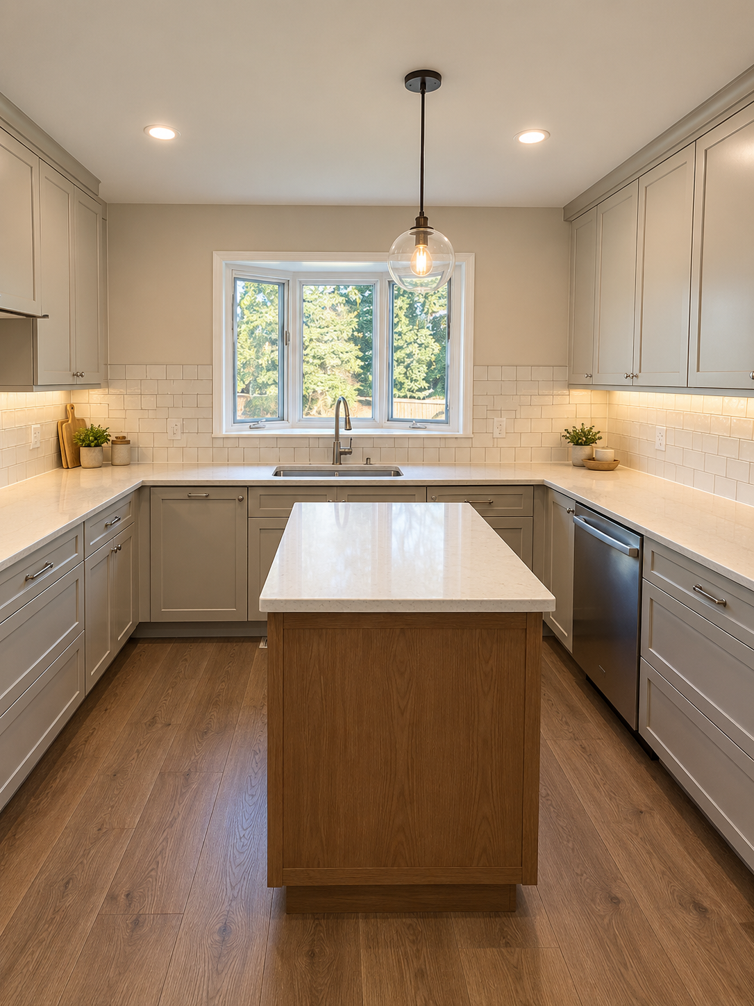 Bright modern kitchen with gray cabinets, wood island, white countertops, and a window above the sink