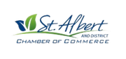 Logo for St. Albert and District Chamber of Commerce: blue and green leaves, script text, and blue text on white.