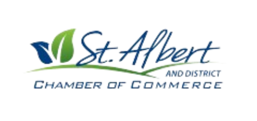 Logo for St. Albert and District Chamber of Commerce: blue and green leaves, script text, and blue text on white.