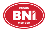 Red oval badge with white text: 