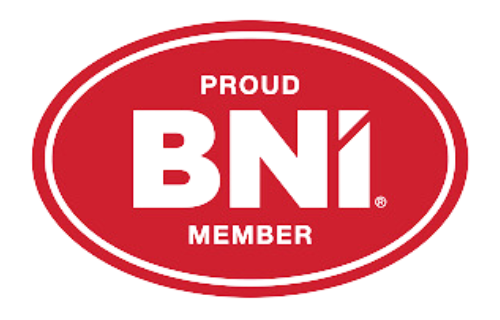 Red oval badge with white text: