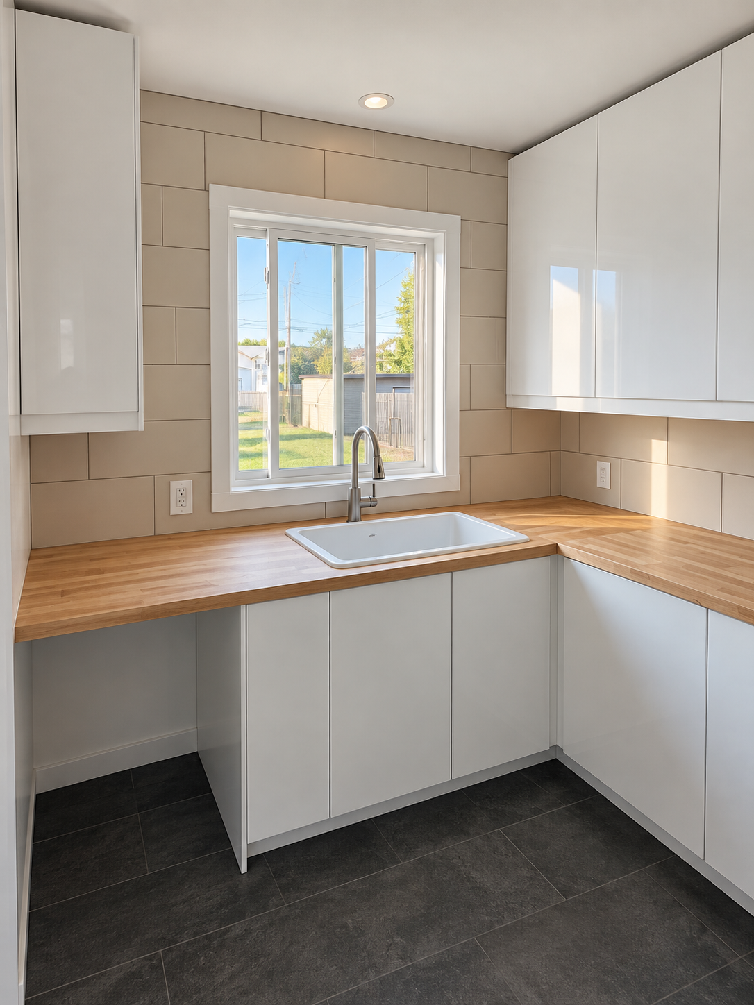 Bright modern kitchen with white cabinets, wood countertops, and a window above the sink
