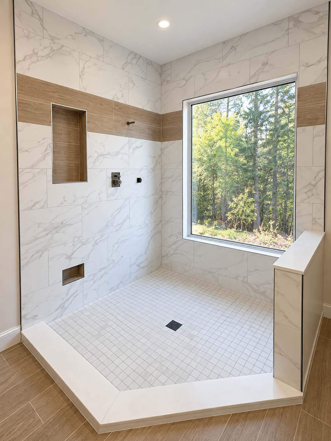 Unfinished tiled shower with niche, bench, and large window overlooking trees
