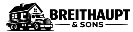 A black and white logo featuring a house on a flatbed truck next to the text "BREITHAUPT & SONS".