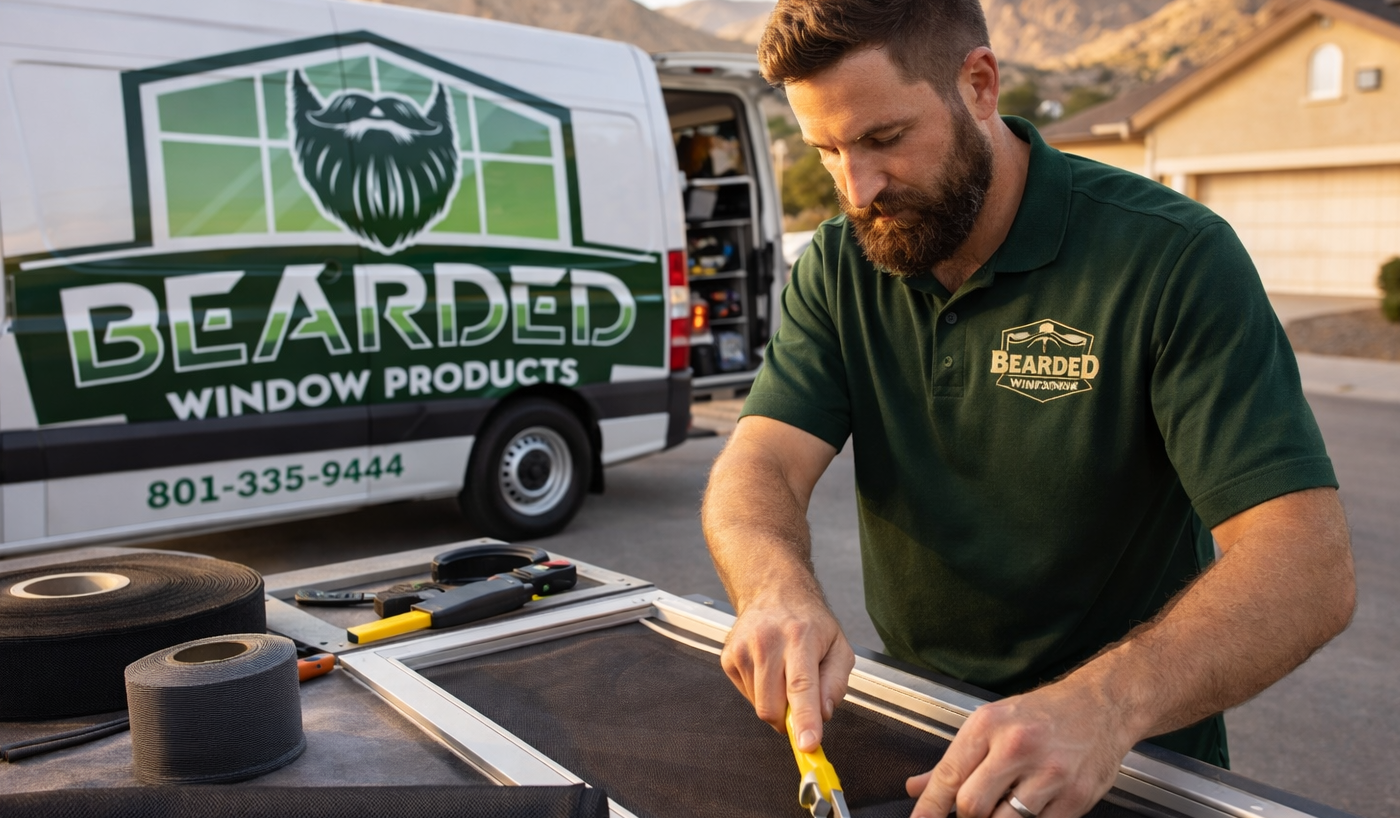 A technician works on a window screen next to a van branded with