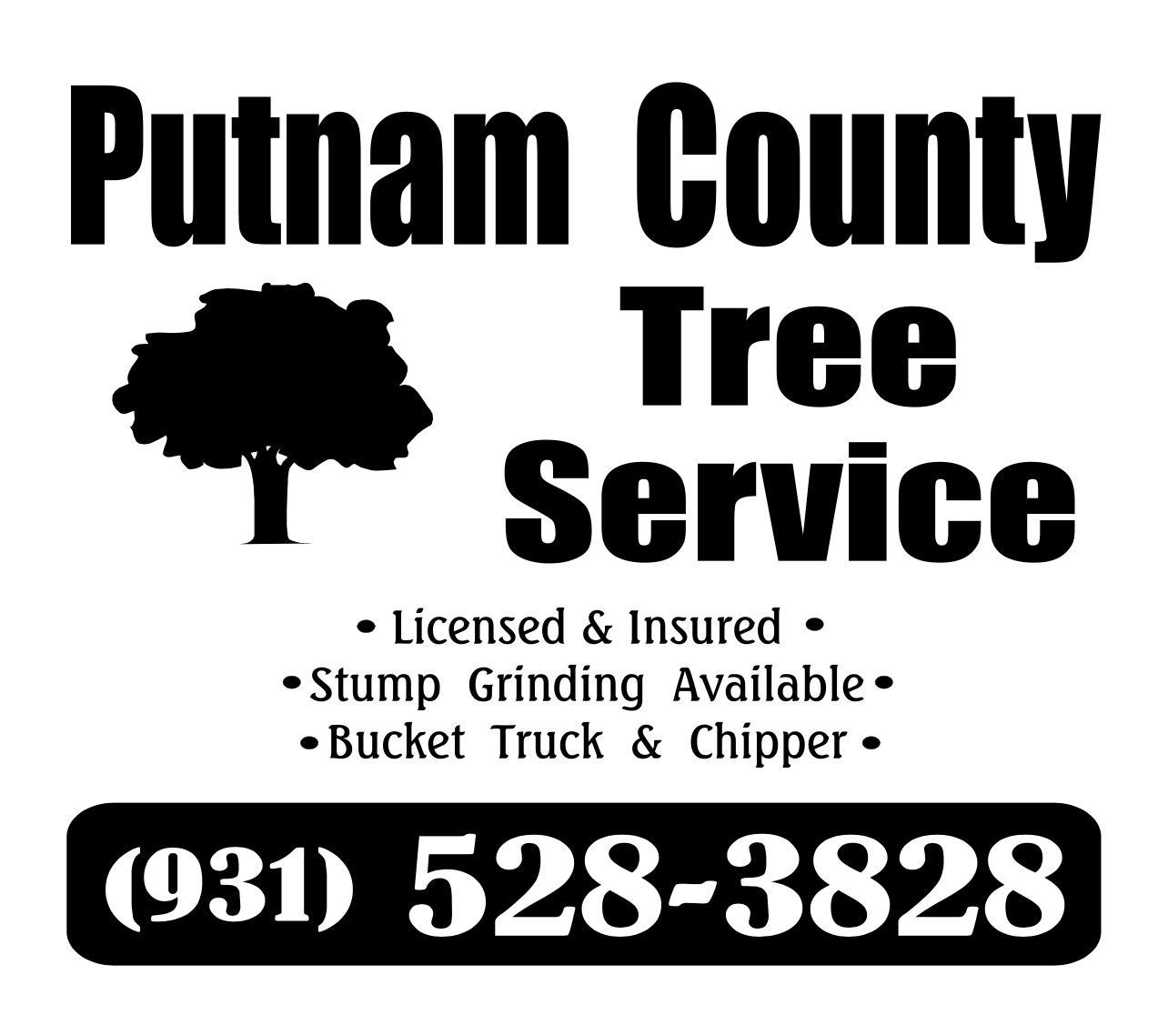 Putnam County Tree Service logo with tree graphic and phone number (931) 528-3828.