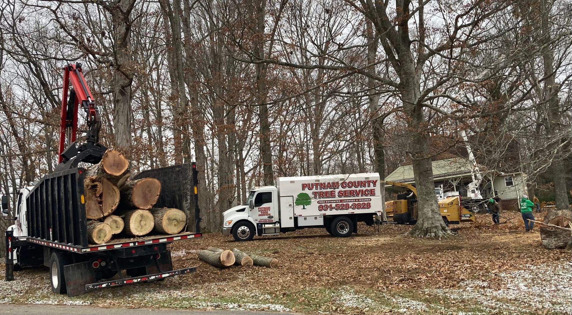 Tractor Doing Forest Clearing With A Crusher — Cookeville, TN — Putnam County Tree Service Truck loading logs next to a tree service truck and a wood chipper in a wooded area.