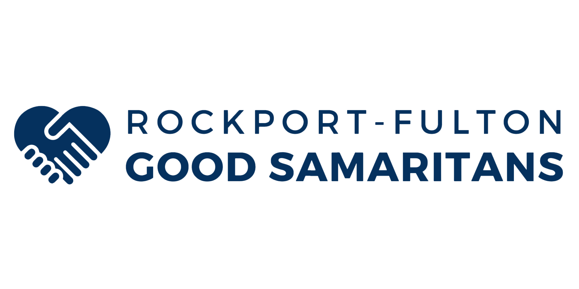 A dark blue logo featuring a stylized heart formed by a handshake, with the text 