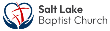 Logo for Salt Lake Baptist Church featuring two blue hands cradling a red cross inside a heart shape.
