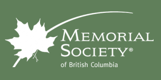 Logo of the Memorial Society of British Columbia with a white maple leaf, white arc and text on a green background.