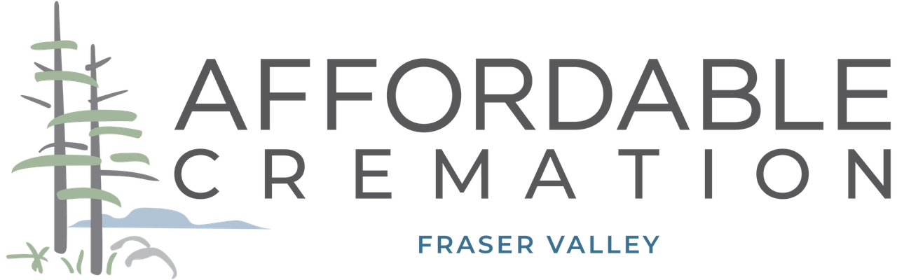 Logo for Affordable Cremation & Burial, with trees, mountains, and text "Fraser Valley."