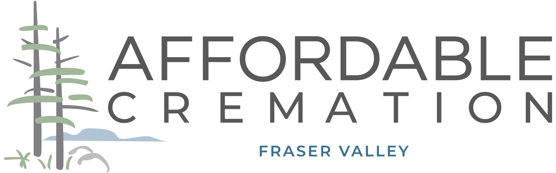 Logo for Affordable Cremation & Burial, with trees, mountains, and text "Fraser Valley."