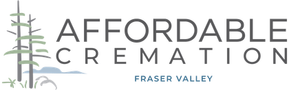 Logo for Affordable Cremation & Burial, with trees, mountains, and text "Fraser Valley."