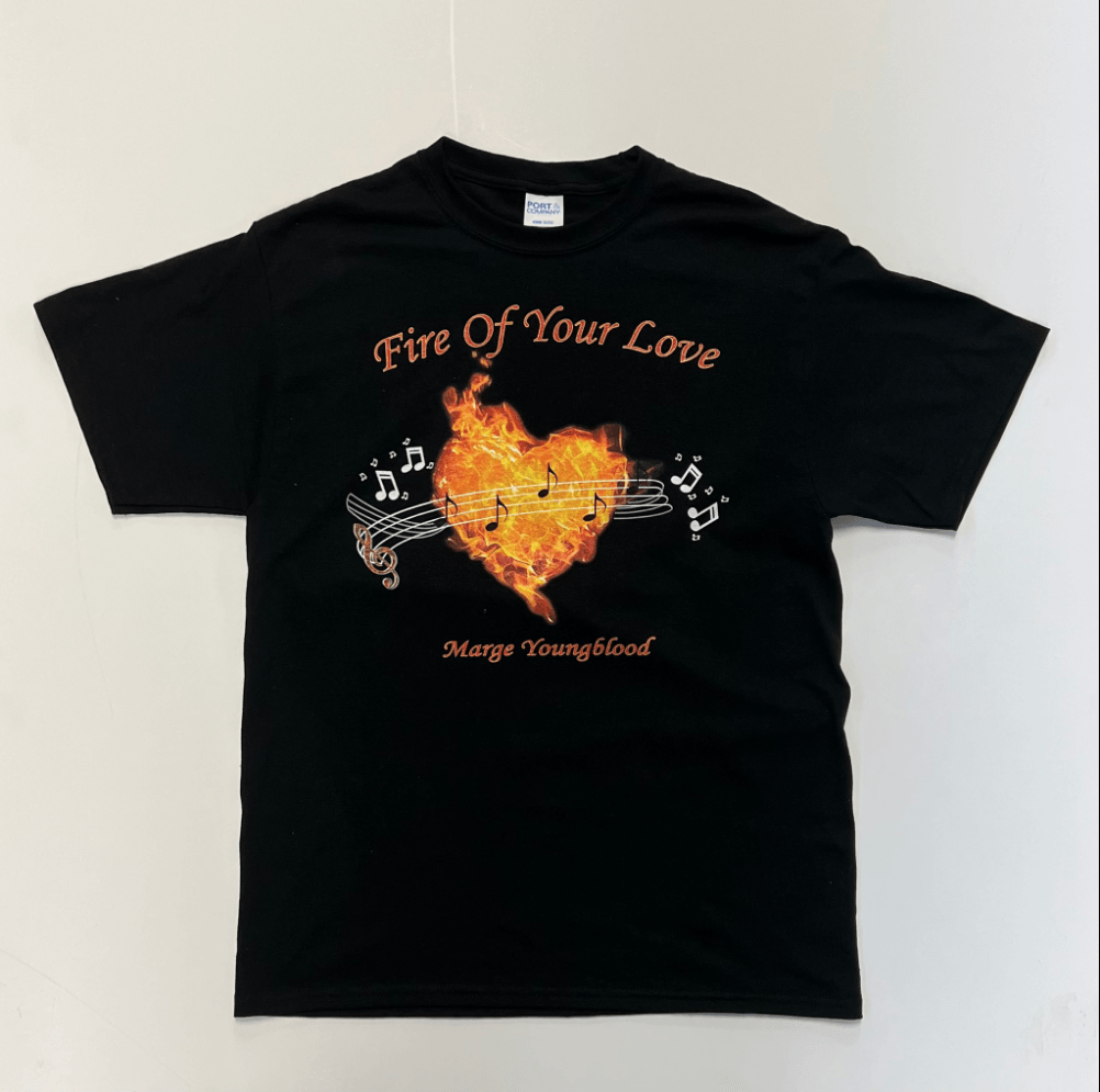 Screen printed tshirt with heart made of fire and music notes