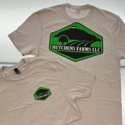 Screen print t-shirt for farm. Logo is green with Pilot Mountain