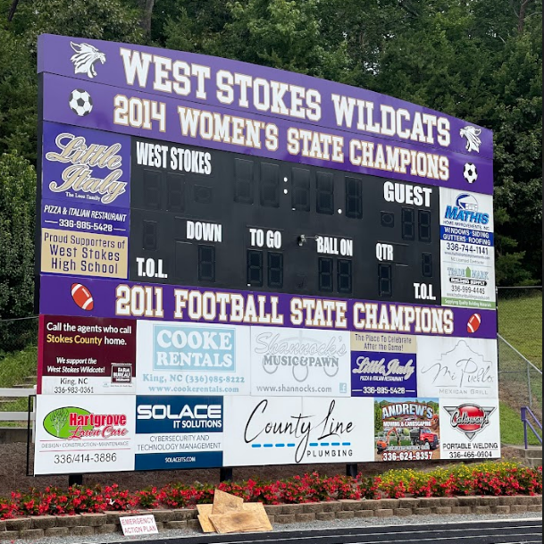 Scoreboard signage for high school football team, West Stokes