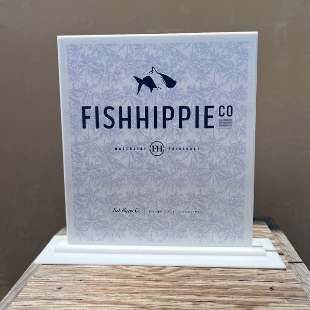 Acrylic tabletop signage. Color was added with UV printer for winery