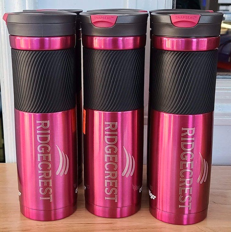 Laser engraved pink travel mugs