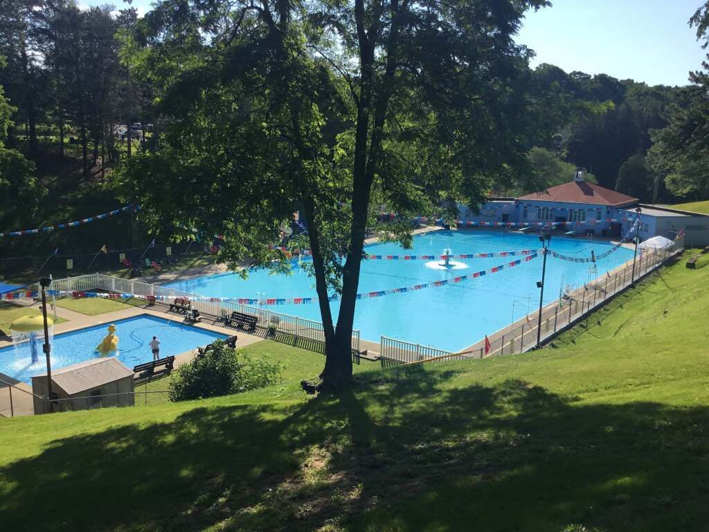 a large swimming pool surrounded by trees and grass on a sunny day .