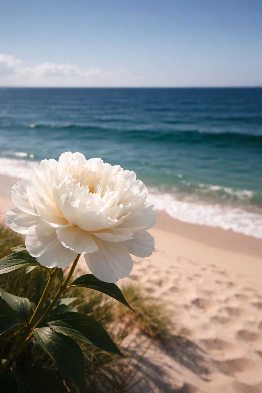 A white peony bloom in the foreground with a sandy beach and blue ocean waves in the background.