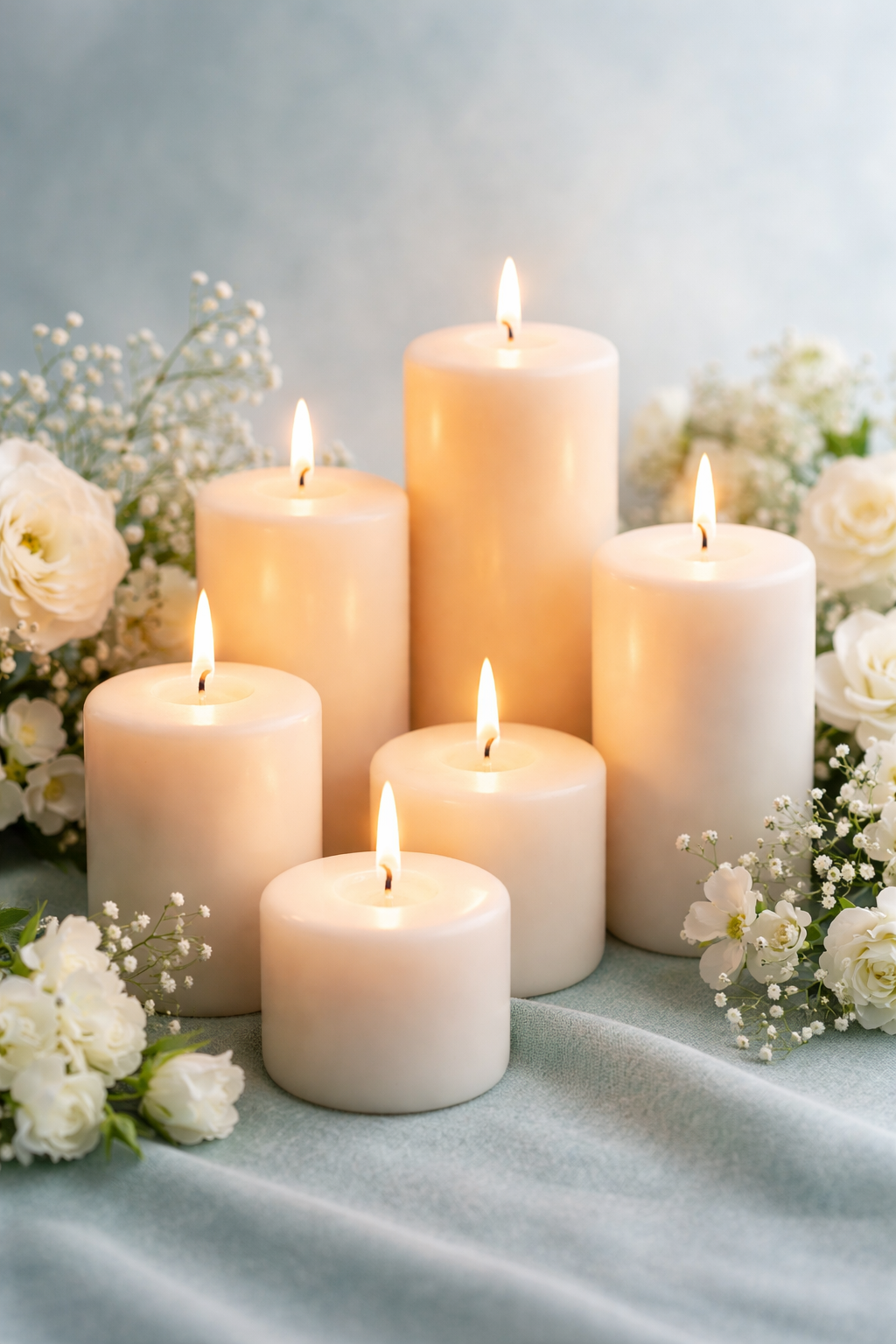 Six lit pillar candles of varying heights surrounded by white flowers on a light blue fabric background.