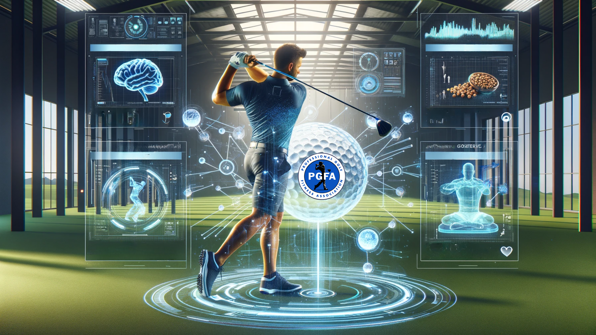 A man is swinging a golf club on a virtual golf course.
