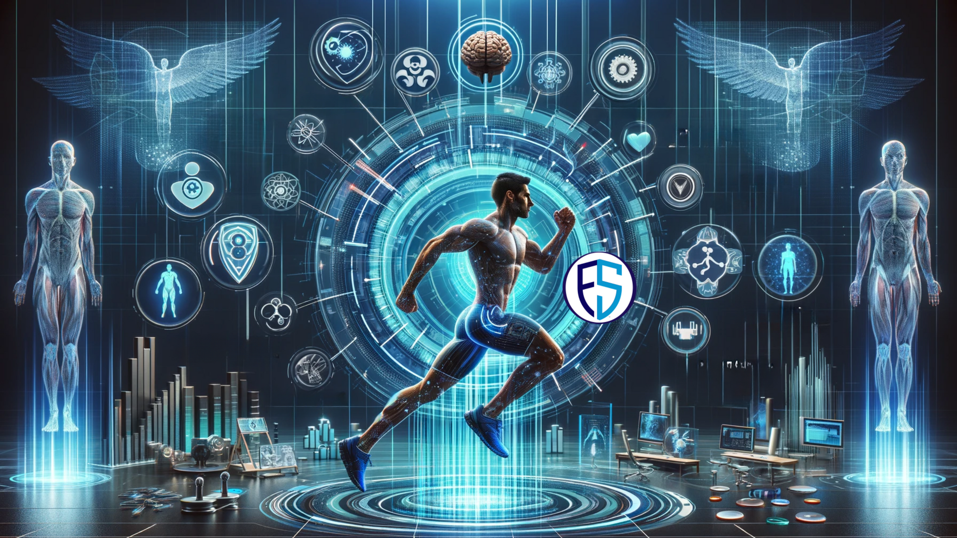 A man is running in front of a futuristic screen.