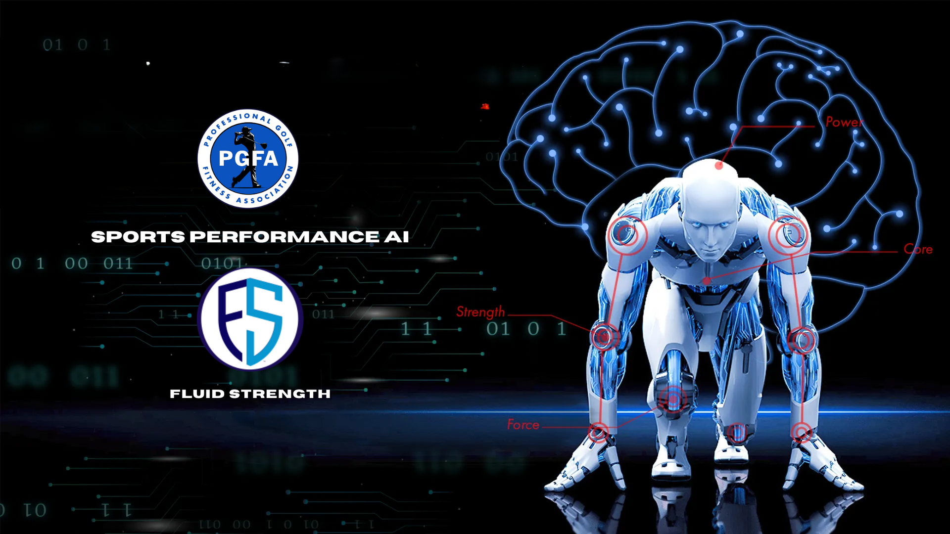 A robot is getting ready to run with a brain in the background