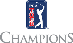 A logo for the pga tour champions with a golfer swinging a golf club.