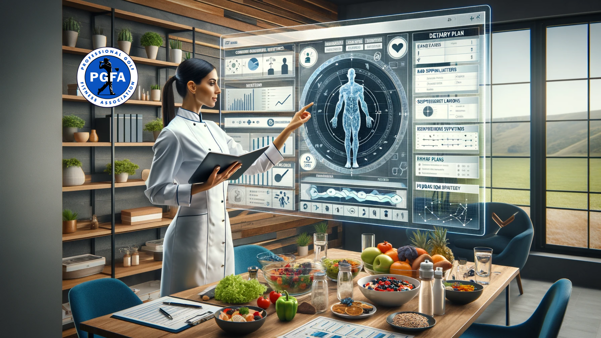 A woman in a lab coat is standing in front of a table with fruits and vegetables.