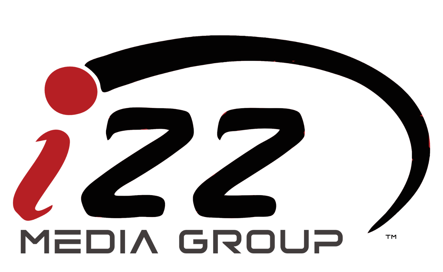 A black and red logo for izz media group