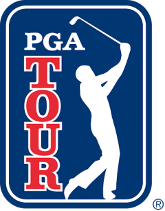 A logo for the pga tour with a golfer swinging a golf club
