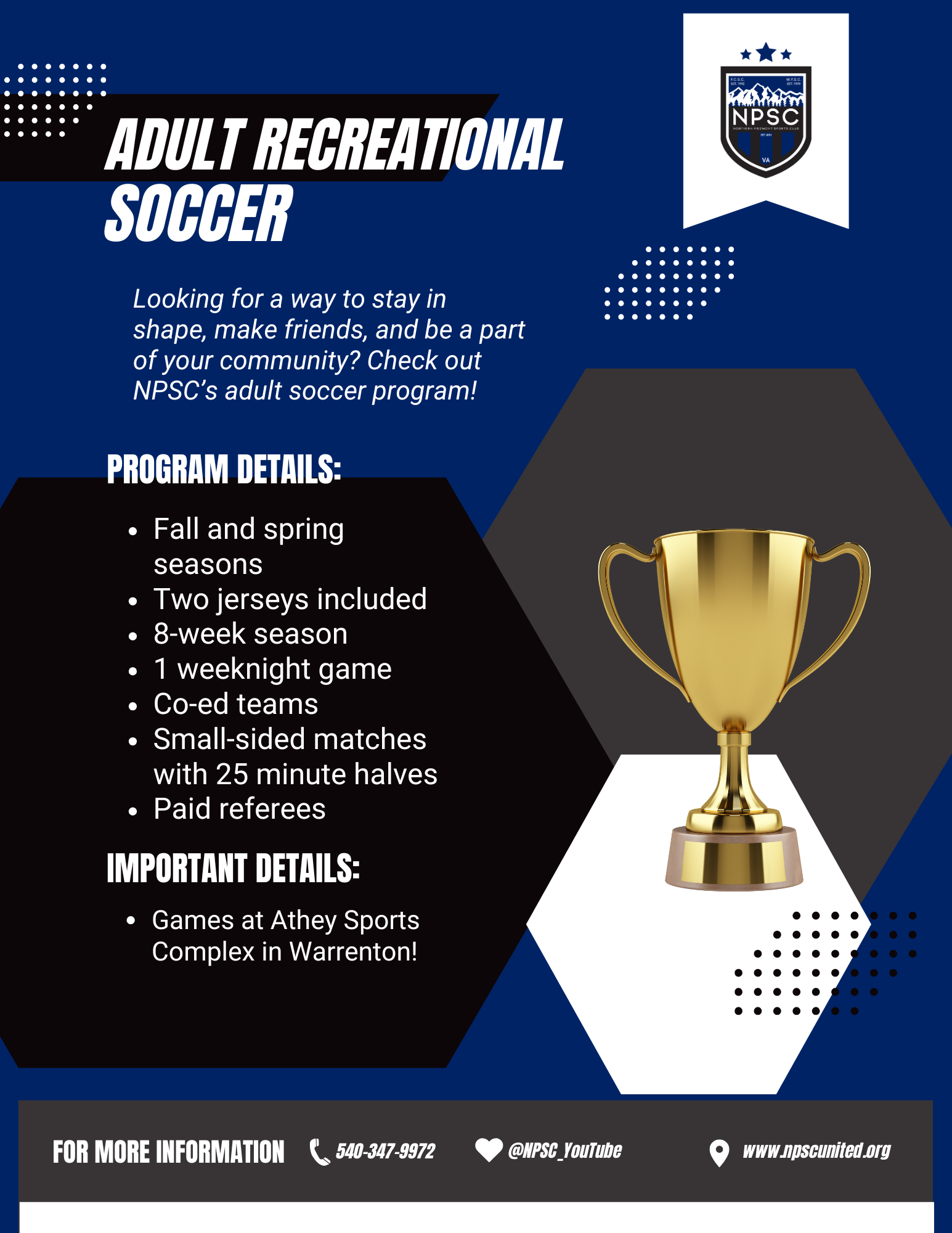 Northern Piedmont Sports Club adult soccer program details