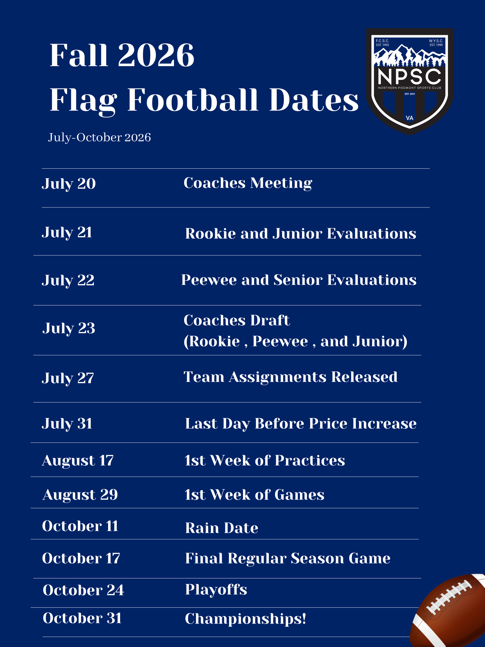 Northern Piedmont Sports Club Flag football schedule
