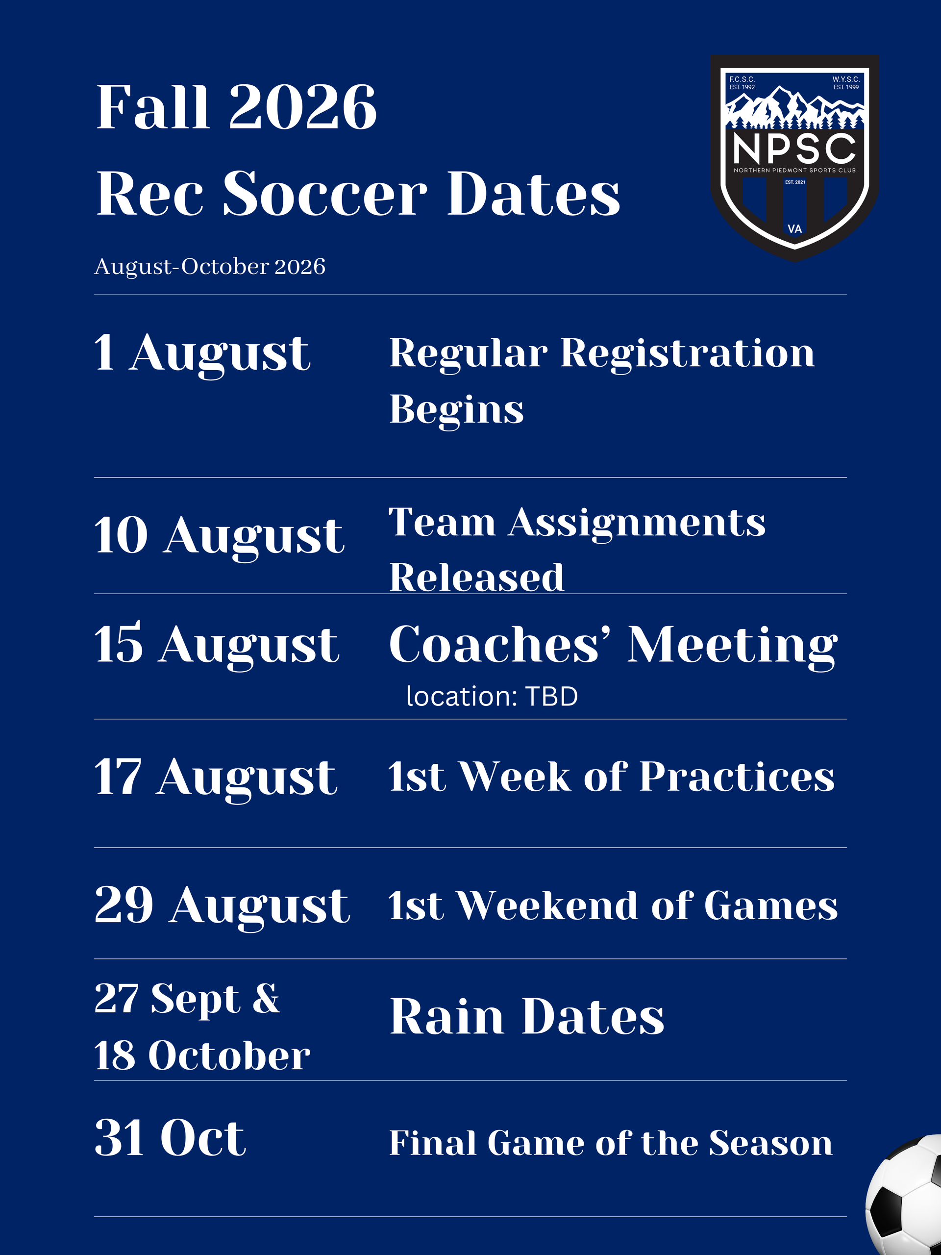 Northern Piedmont Sports Club rec soccer schedule