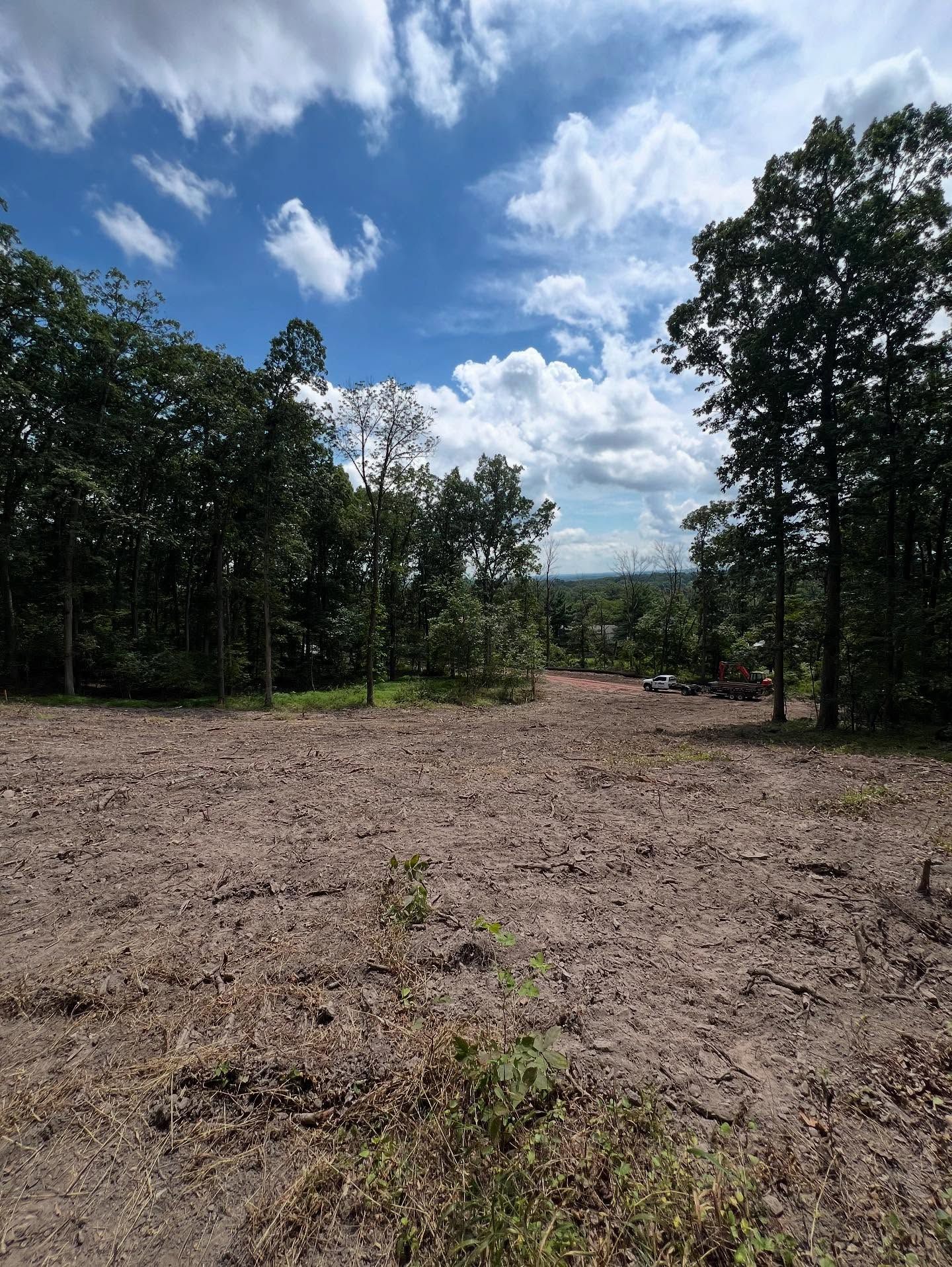Cleared dirt path through a wooded area under a blue sky with scattered clouds