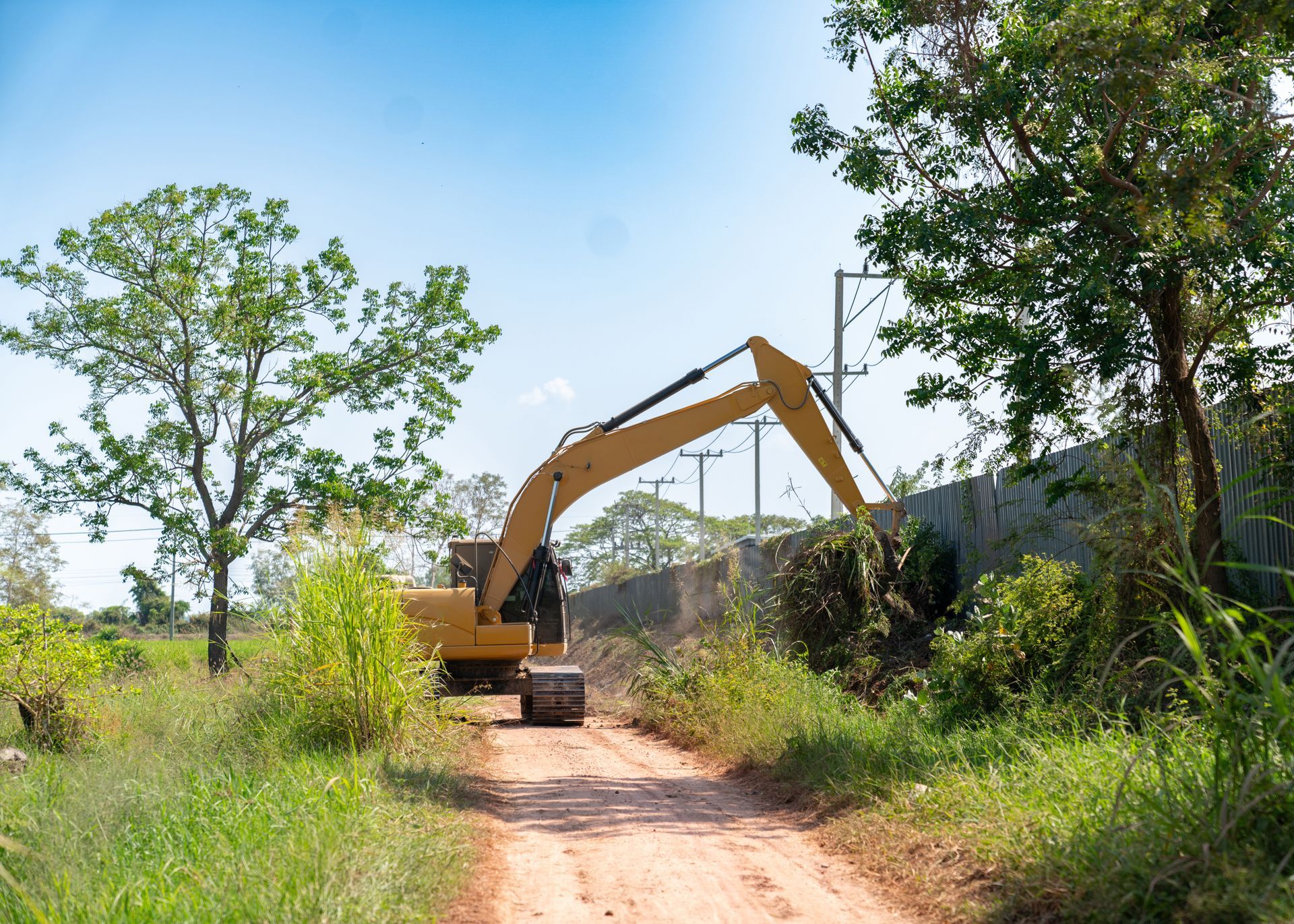 An excavator is being used for land clearing.