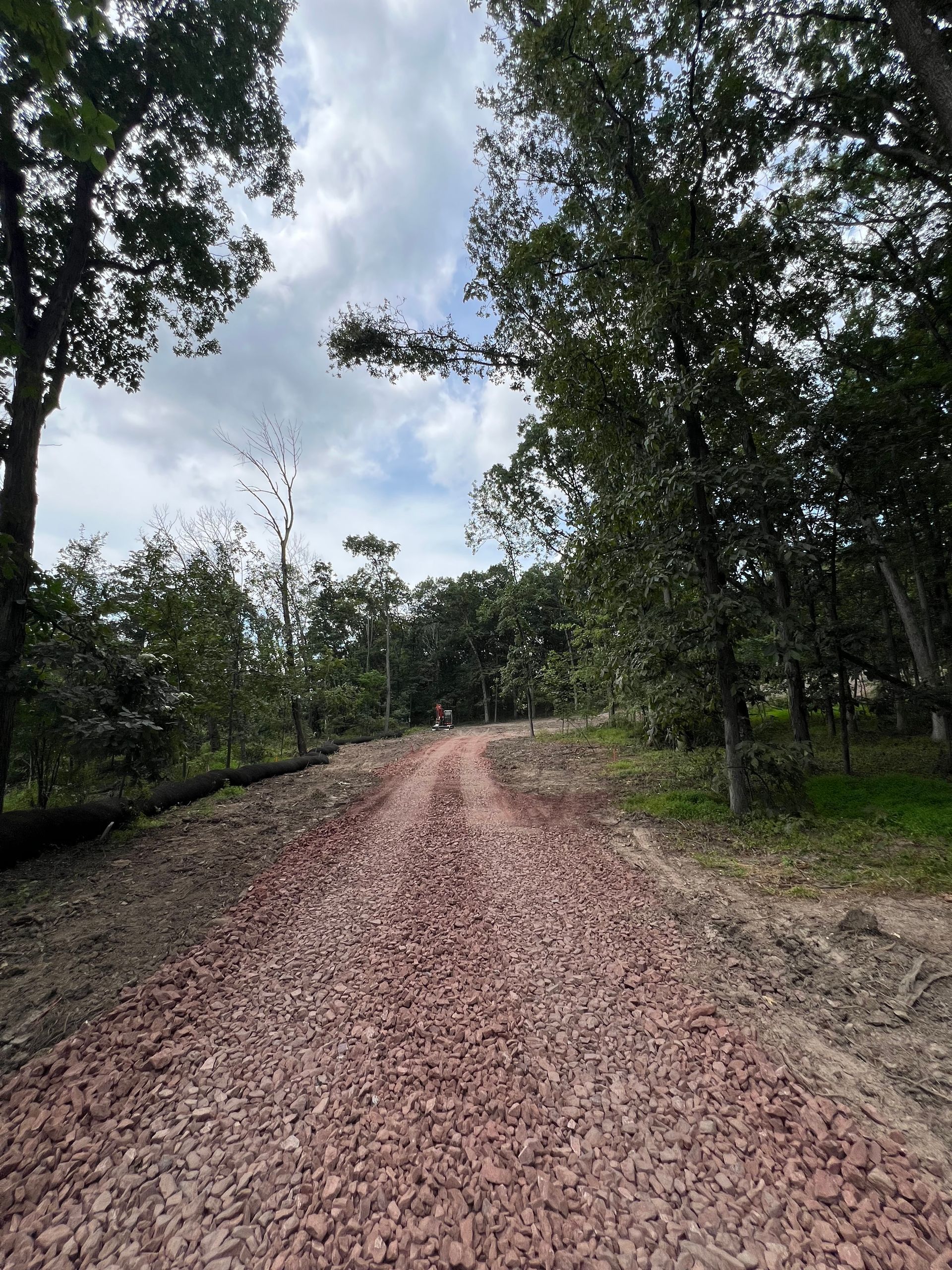 Winding reddish gravel path in woods