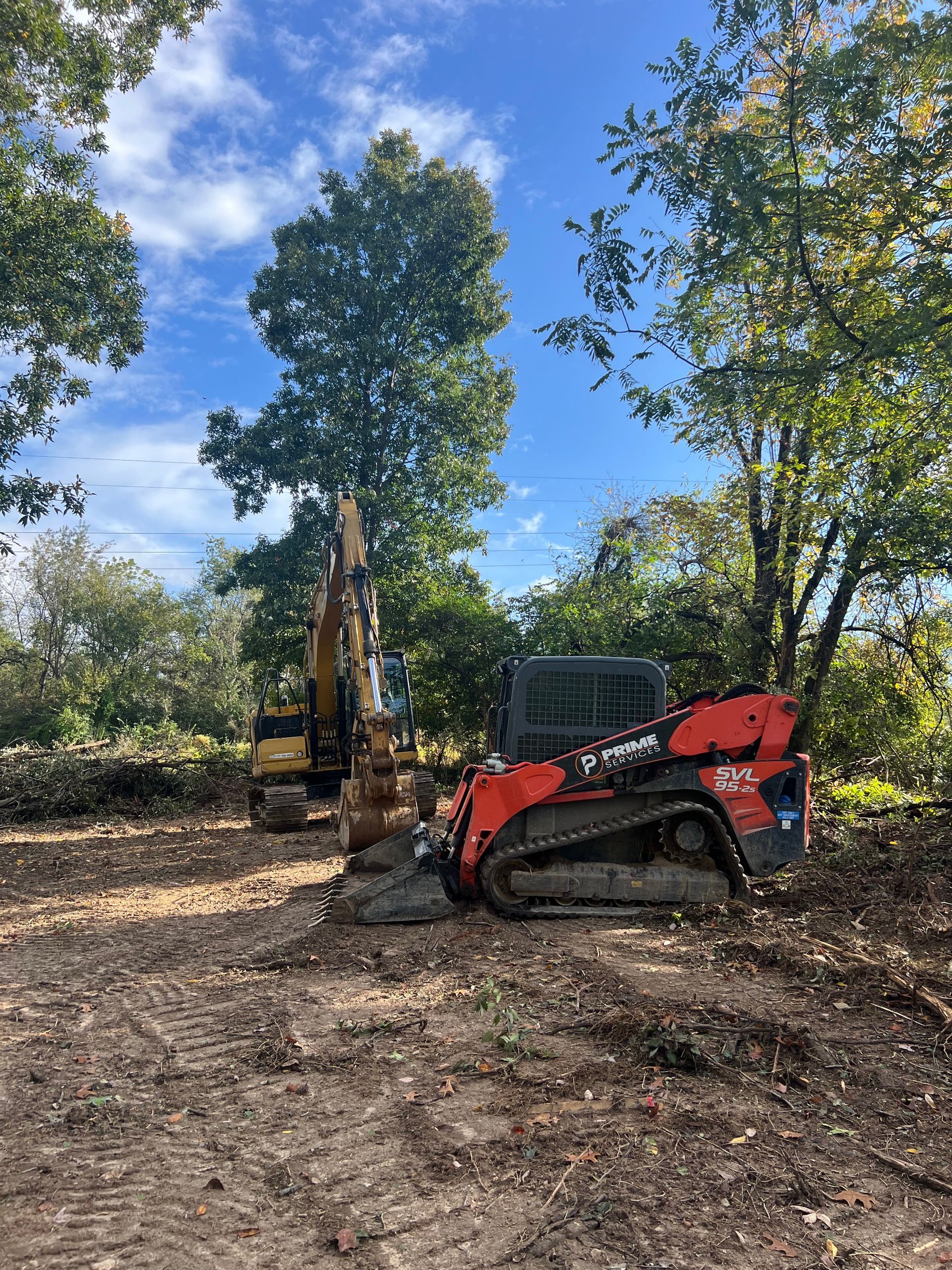 Orange compact loader and excavator in a wooded clearing under blue sky