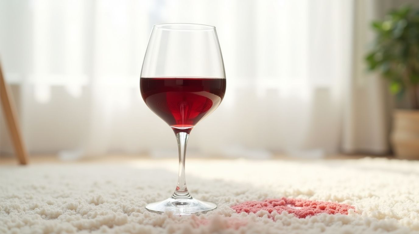 Wine glass and spilled red wine on a white carpet, in front of a window.