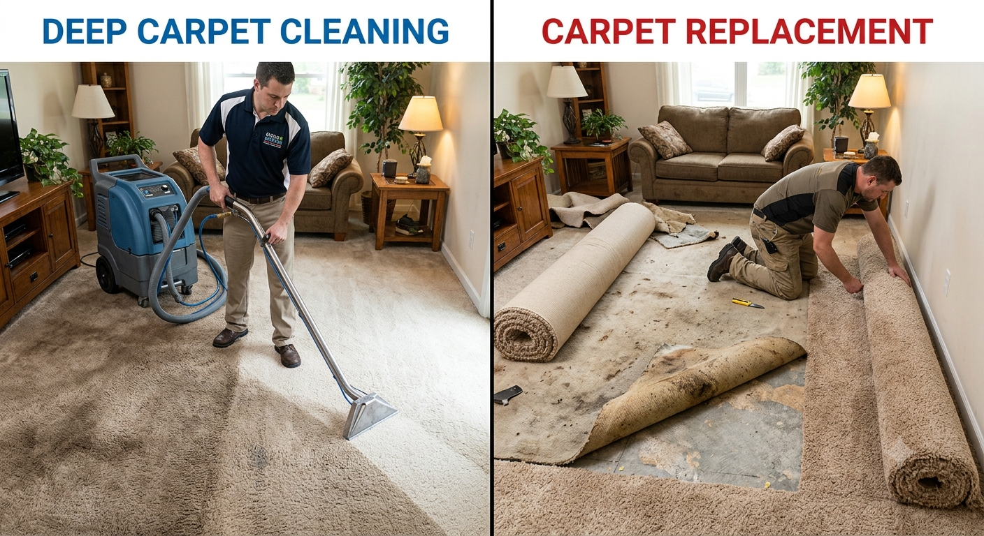 Carpet cleaner vacuuming a beige rug in a living room, with “Deep Clean” and “Replacement” labels.